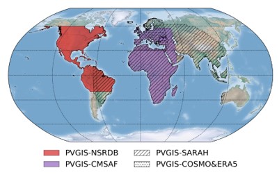 Para la energía solar fotovoltaica de autoconsumo. Mapa de zonas de radiación solar .Funete PV GIS.