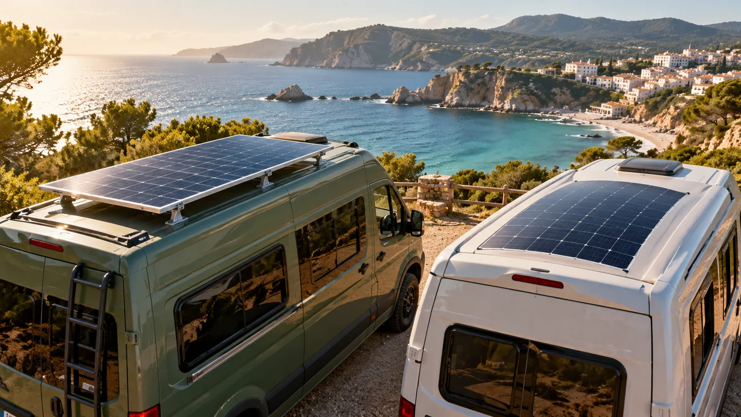 Dos camper con panel rígido y flexible sobre sus techos; ilustración comparativa de soluciones solares.